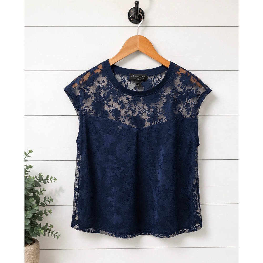 Laundry by Shelli Segal Navy Floral Lace Illusion Blouse Size Small